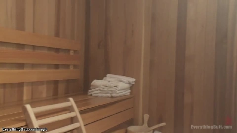 Threesome lesbian anal toying in sauna
