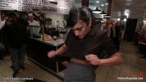 Busty babe fucked at public steak house