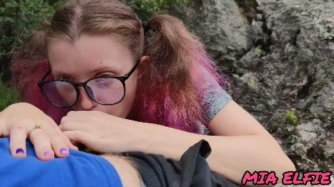 Blowjob in the Mountains from a Girl in Glasses With Pink Hair Cum on Glasses and Face - Mia Elfie